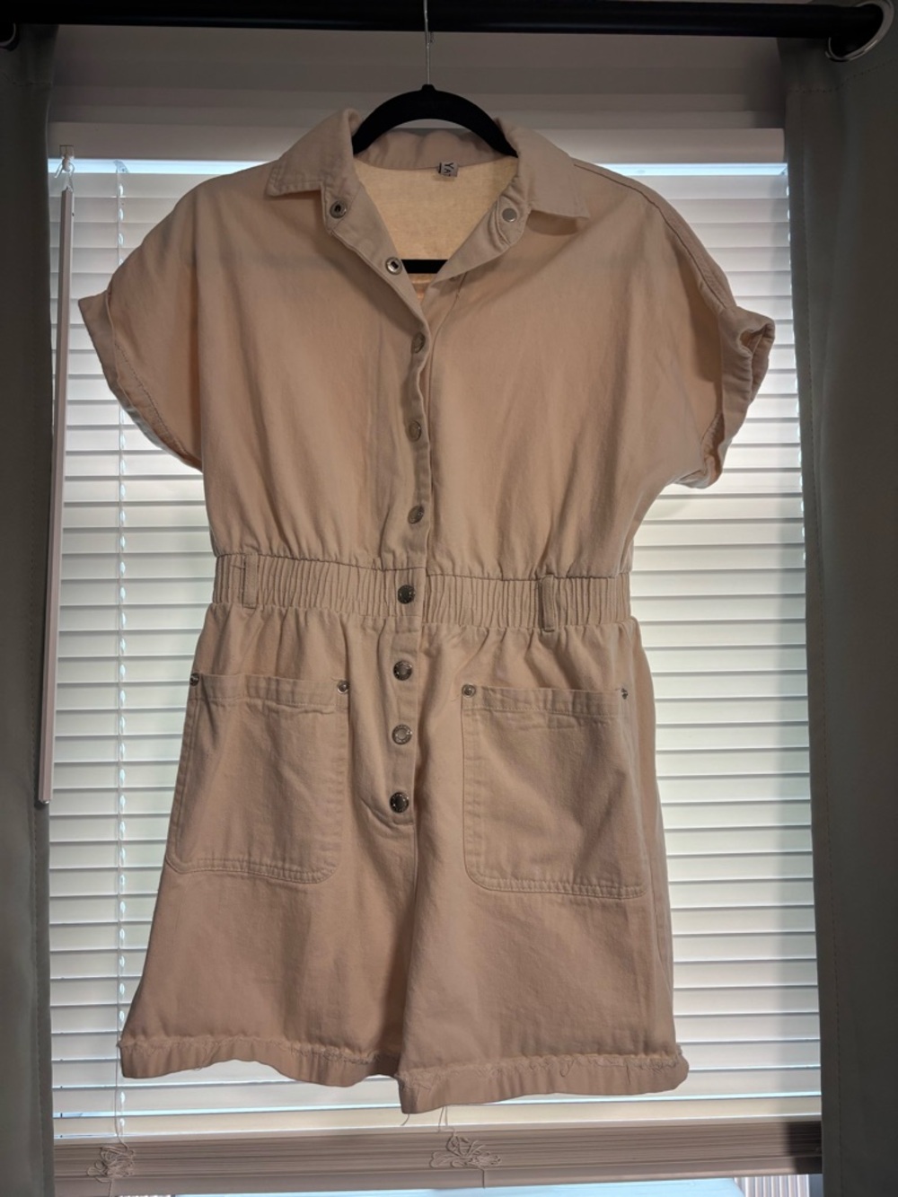 Light Beige Button-Front Short Sleeve Romper with Elastic Waist